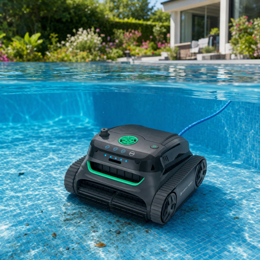 Robot de piscine dans une piscine de jardin — vue sous l'eau