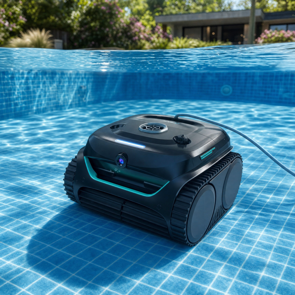 Robot de piscine dans une piscine de jardin — vue sous l'eau