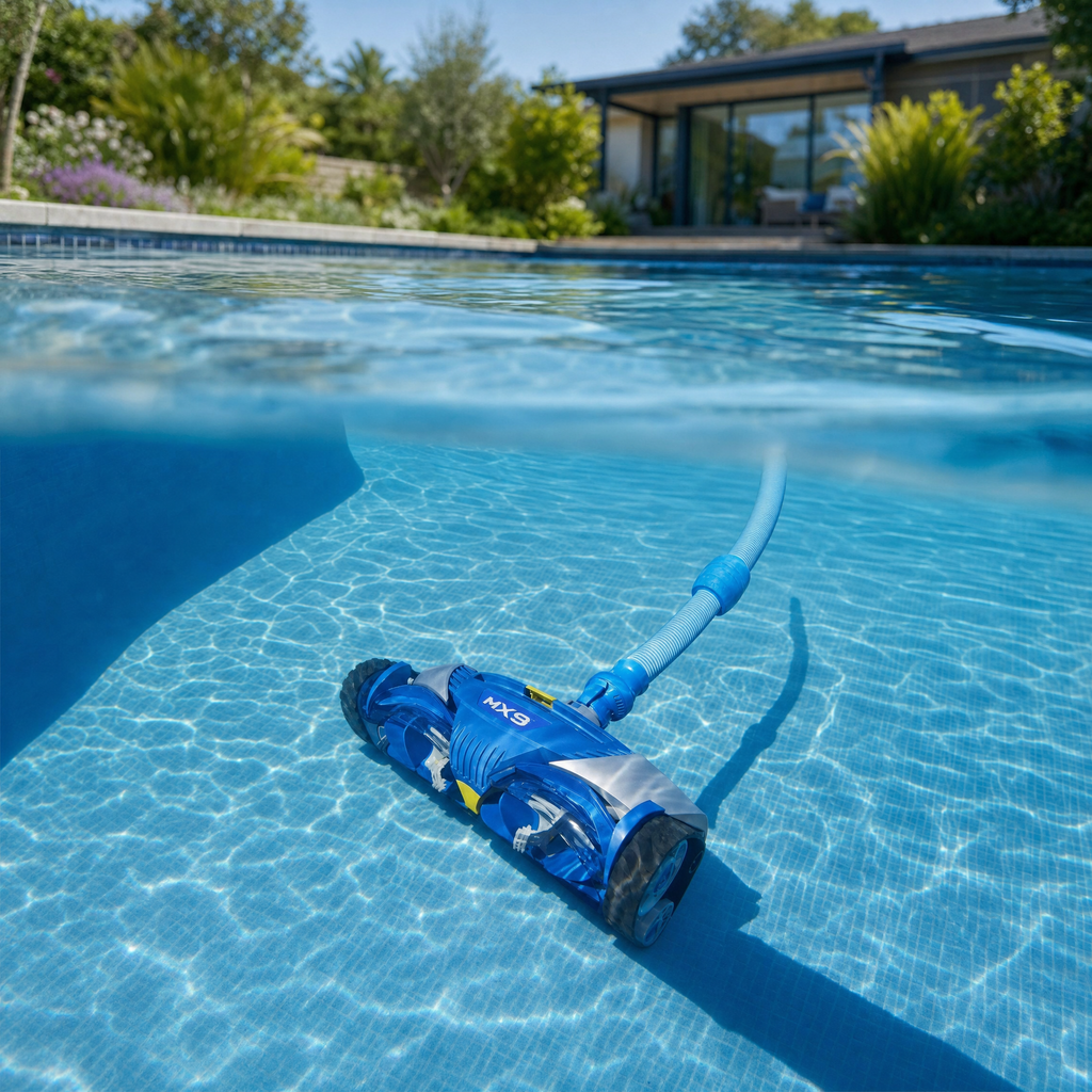 Robot de piscine dans une piscine de jardin — vue sous l'eau