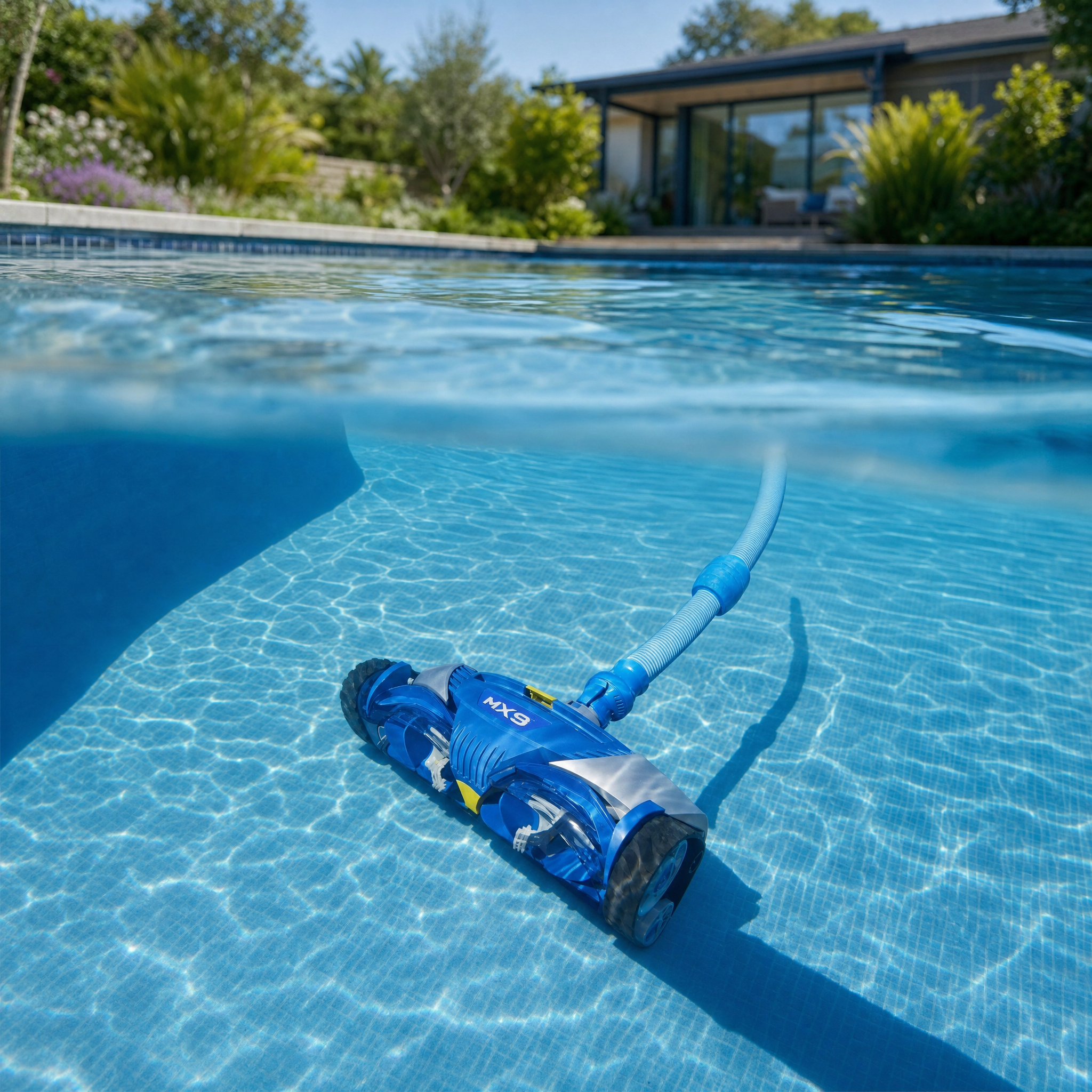 Robot de piscine dans une piscine de jardin — vue sous l'eau