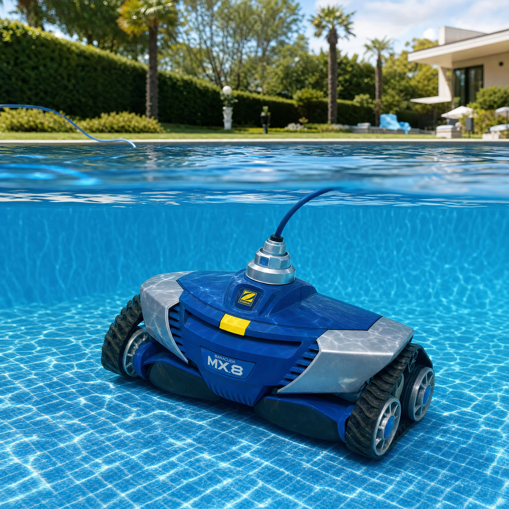 Robot de piscine dans une piscine de jardin — vue sous l'eau