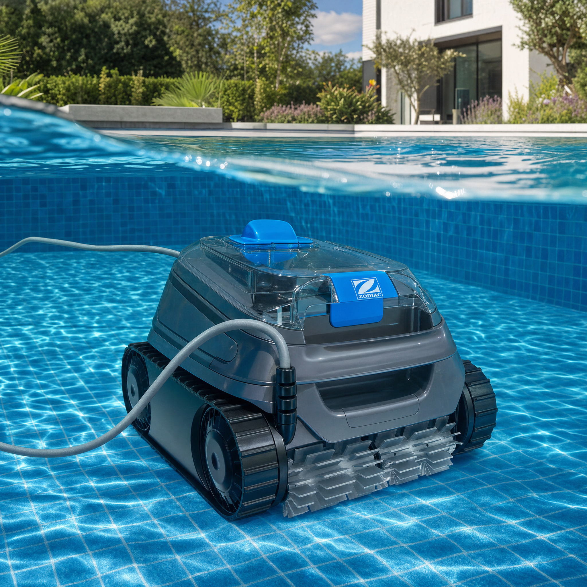 Robot de piscine dans une piscine de jardin — vue sous l'eau