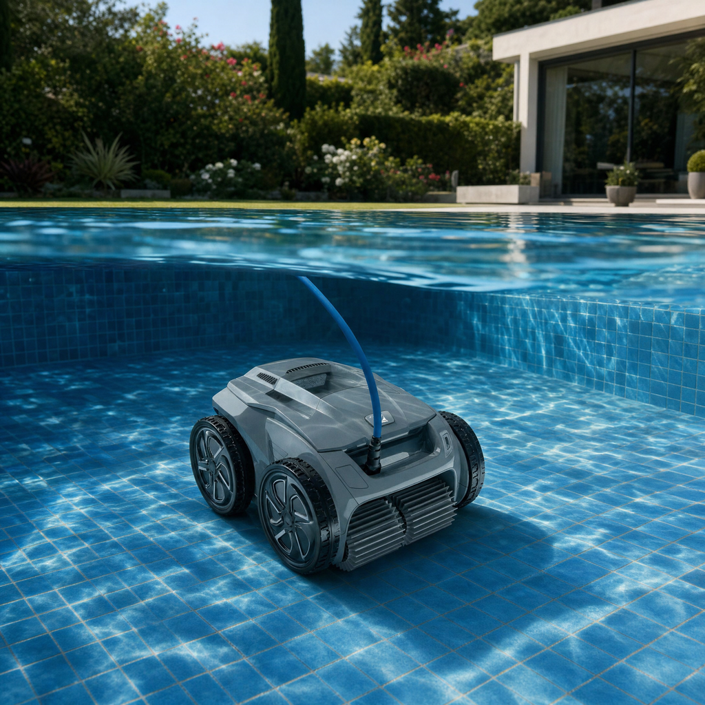 Robot de piscine dans une piscine de jardin — vue sous l'eau