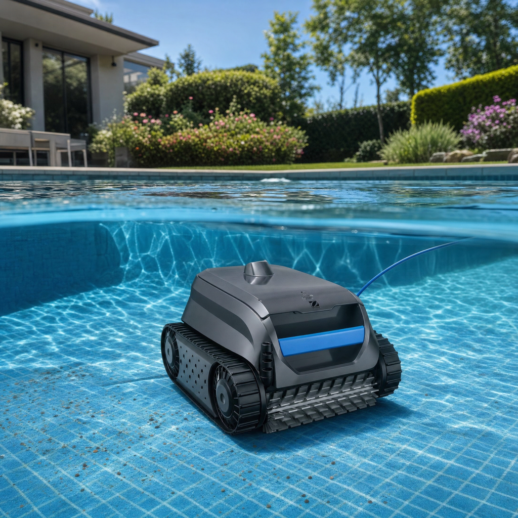 Robot de piscine dans une piscine de jardin — vue sous l'eau