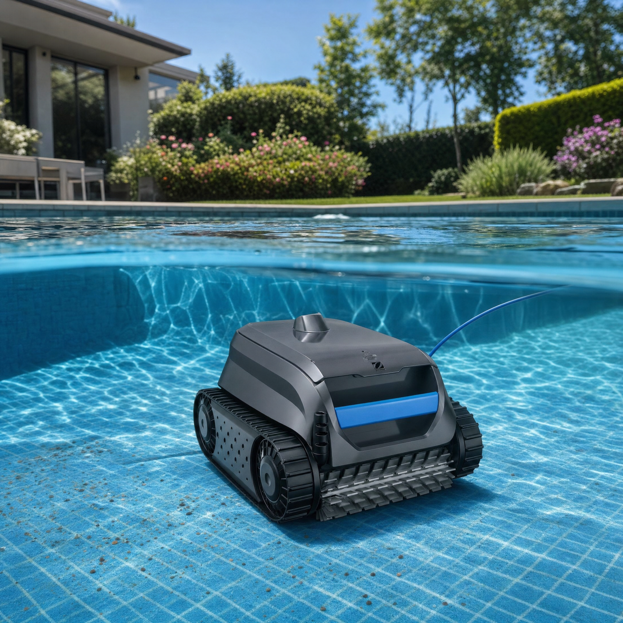 Robot de piscine dans une piscine de jardin — vue sous l'eau