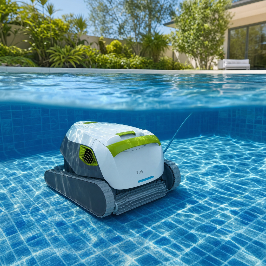 Robot de piscine dans une piscine de jardin — vue sous l'eau