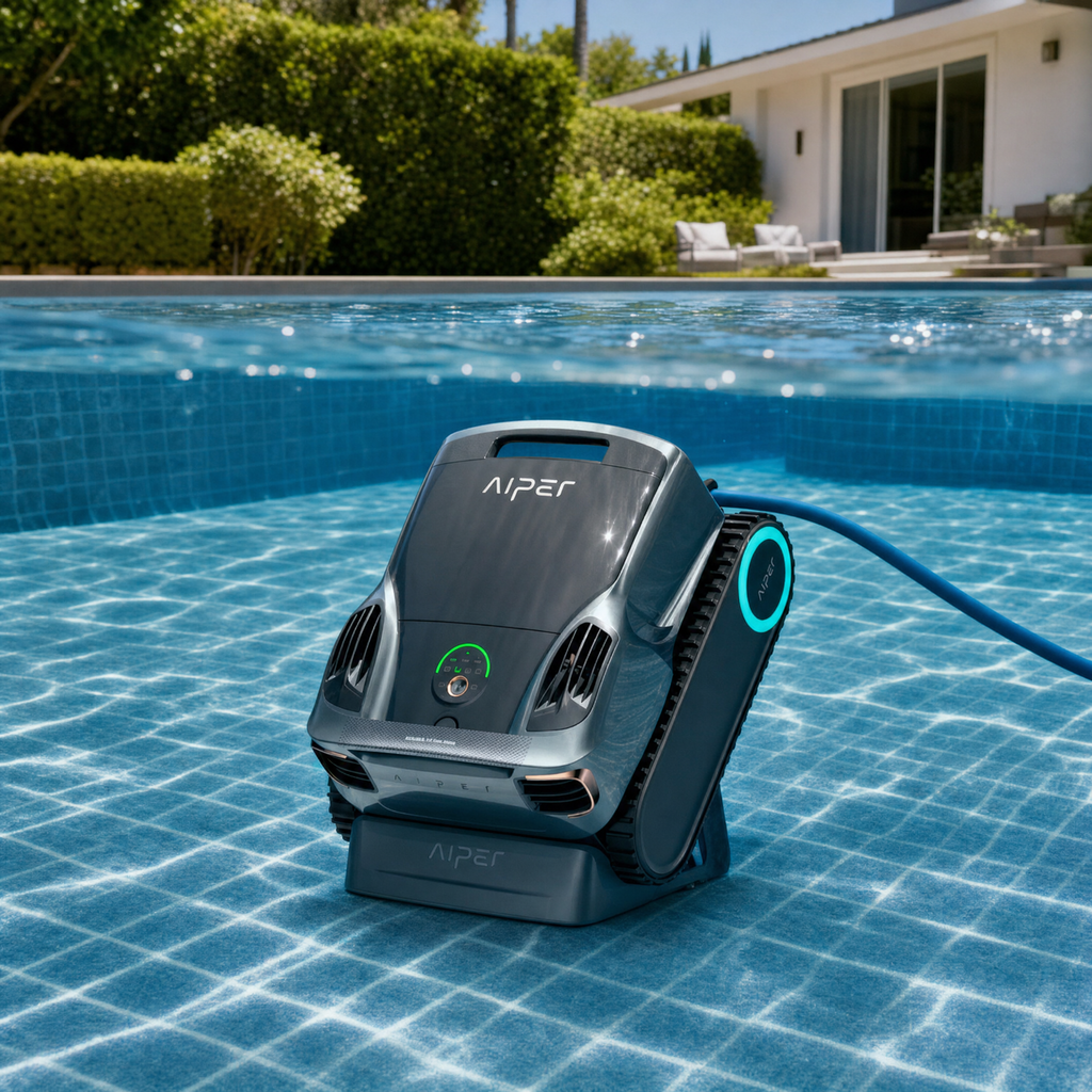 Robot de piscine dans une piscine de jardin — vue sous l'eau