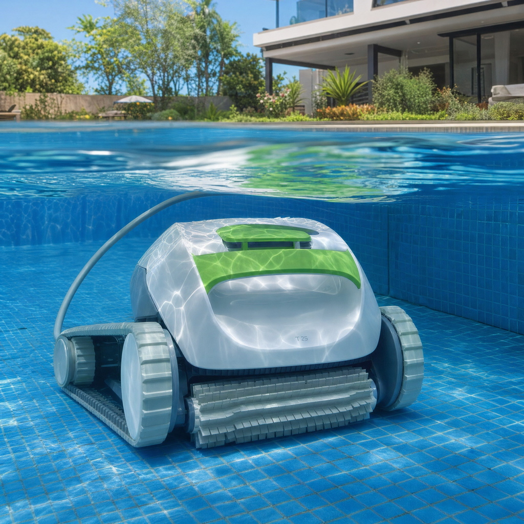Robot de piscine dans une piscine de jardin — vue sous l'eau