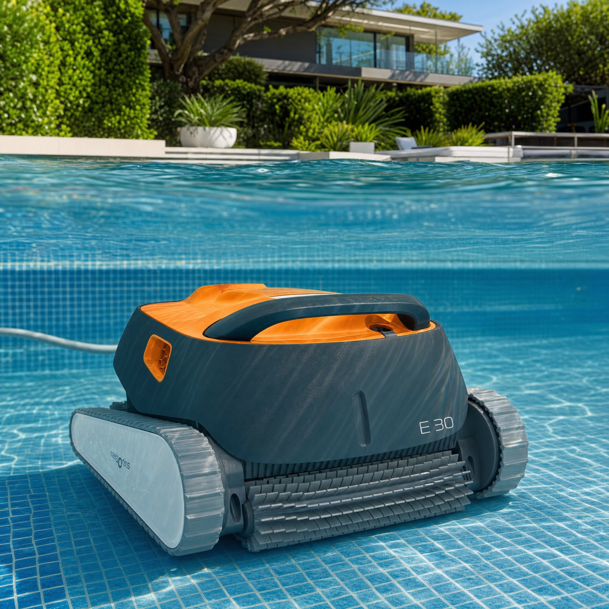 Robot de piscine dans une piscine de jardin — vue sous l'eau