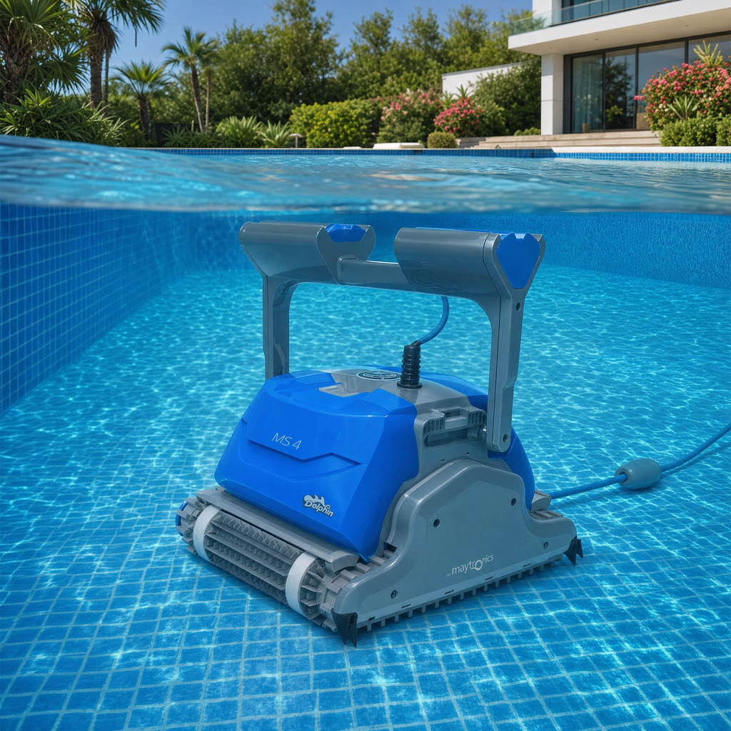 Robot de piscine dans une piscine de jardin — vue sous l'eau
