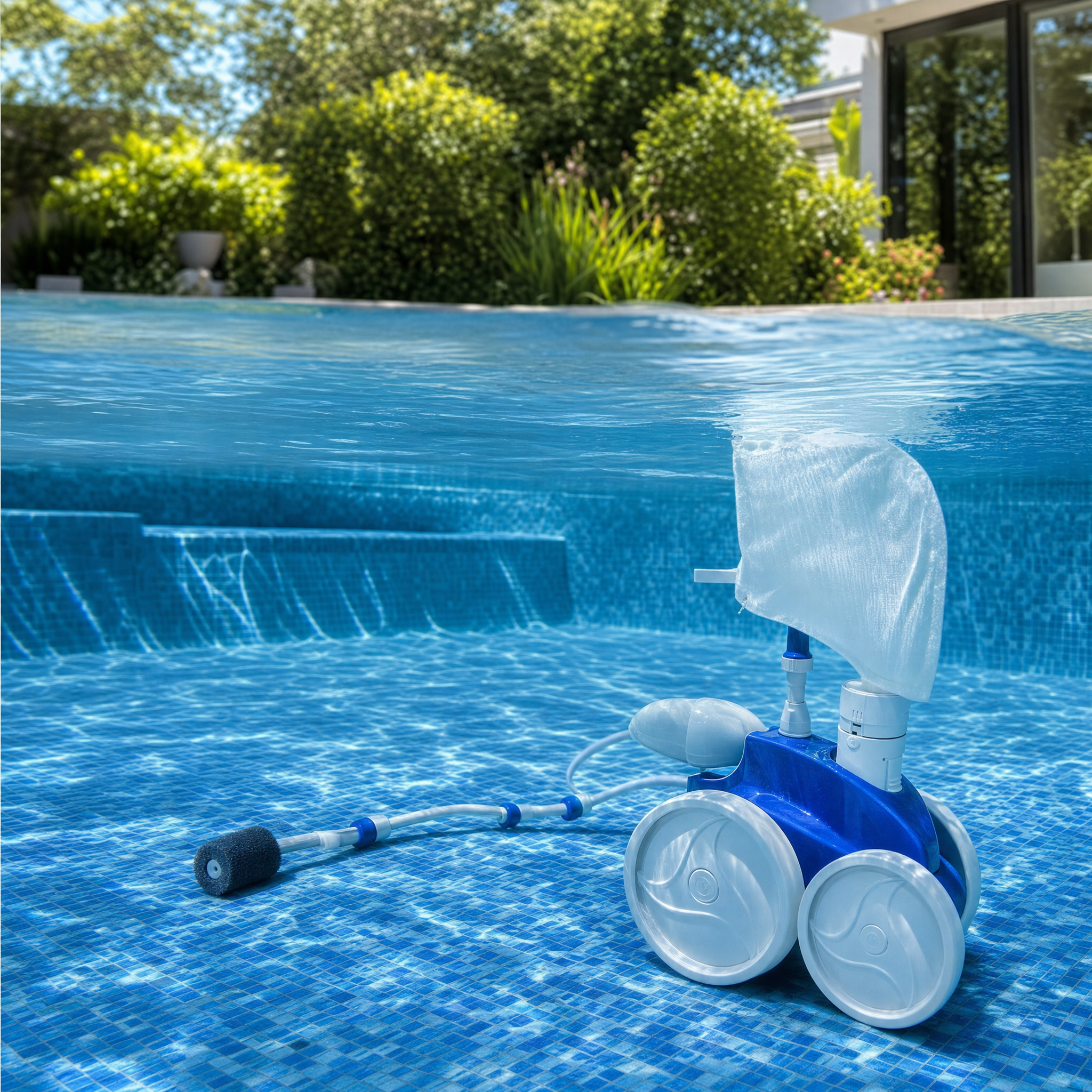Robot de piscine dans une piscine de jardin — vue sous l'eau
