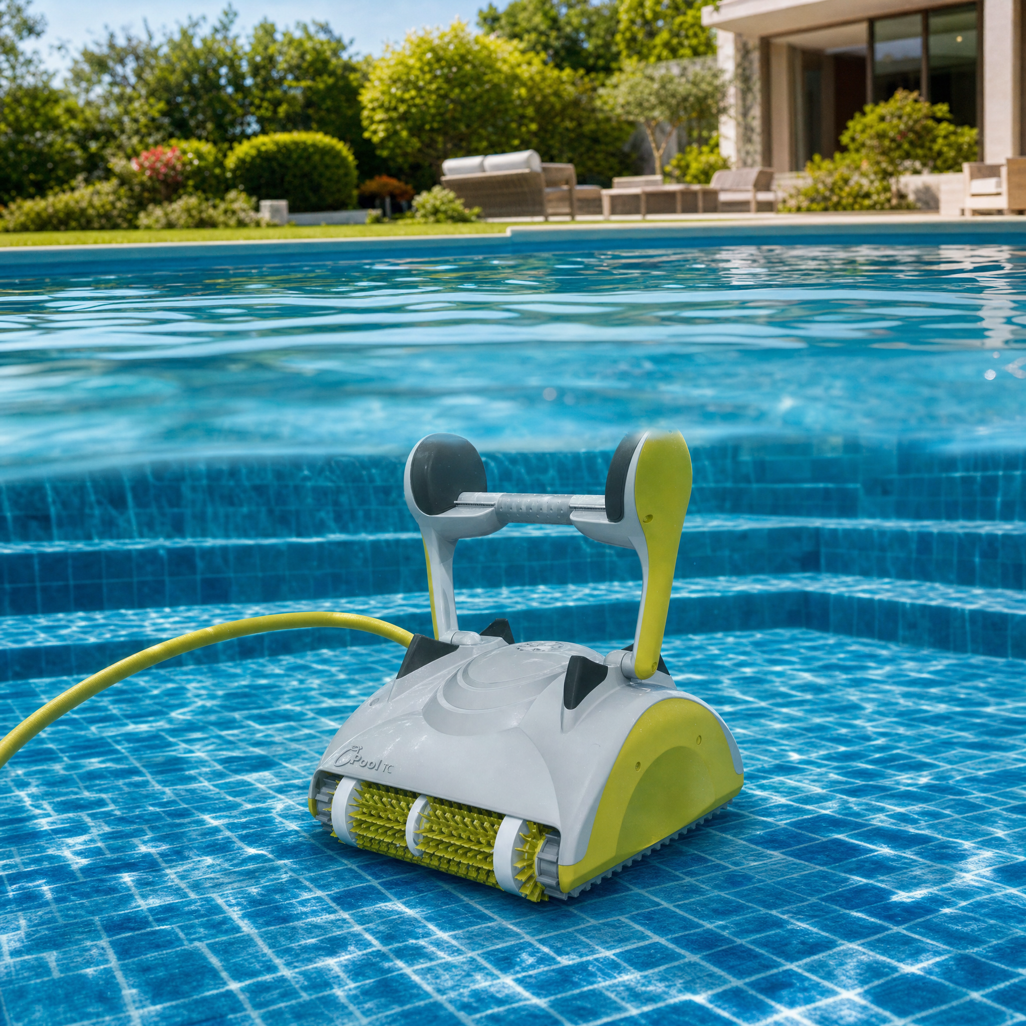 Robot de piscine dans une piscine de jardin — vue sous l'eau