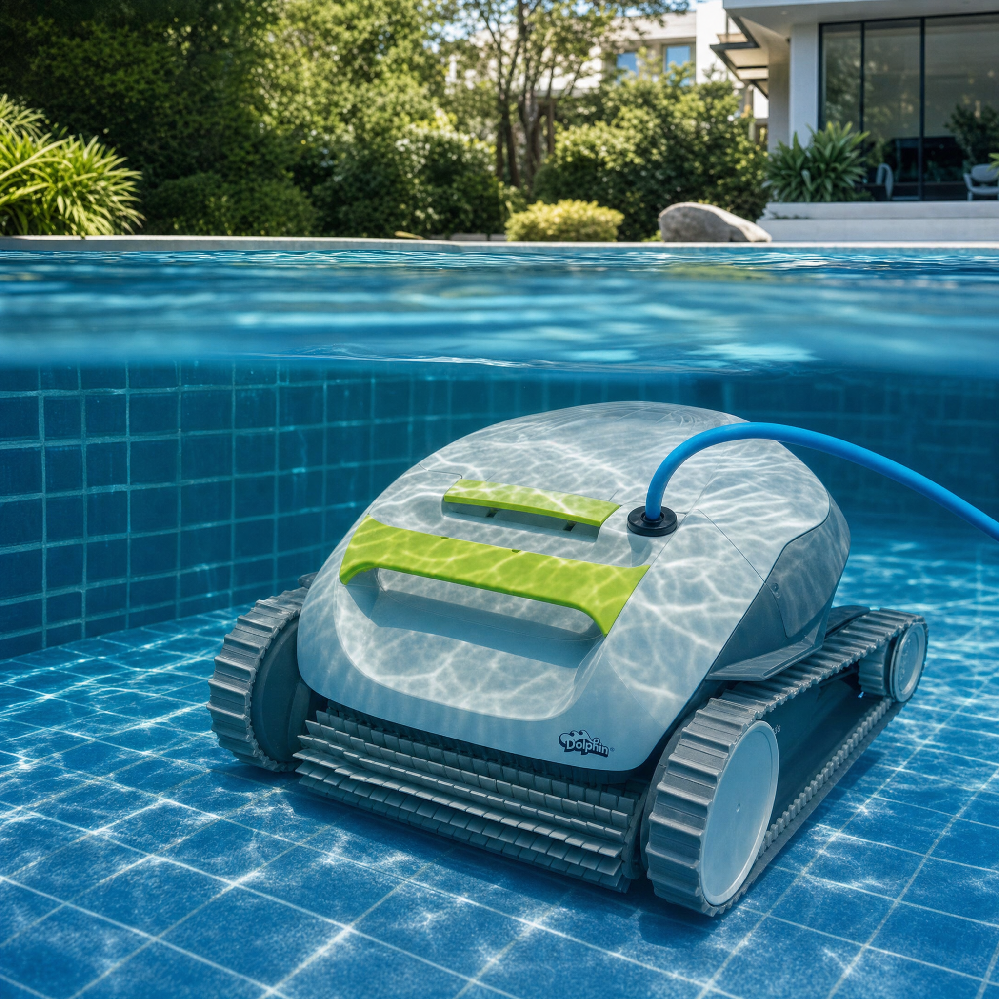 Robot de piscine dans une piscine de jardin — vue sous l'eau