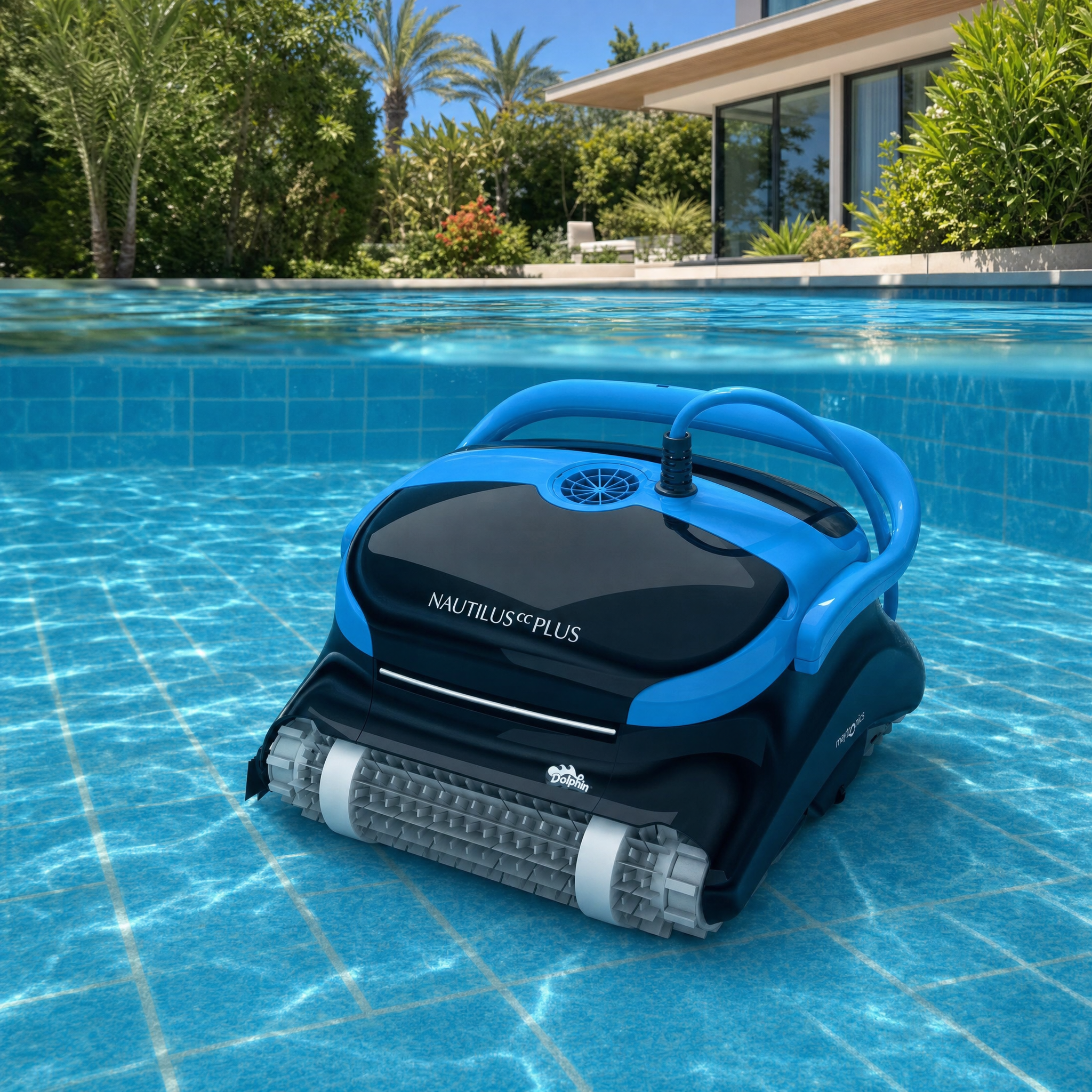 Robot de piscine dans une piscine de jardin — vue sous l'eau