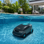 Robot de piscine dans une piscine de jardin — vue sous l'eau