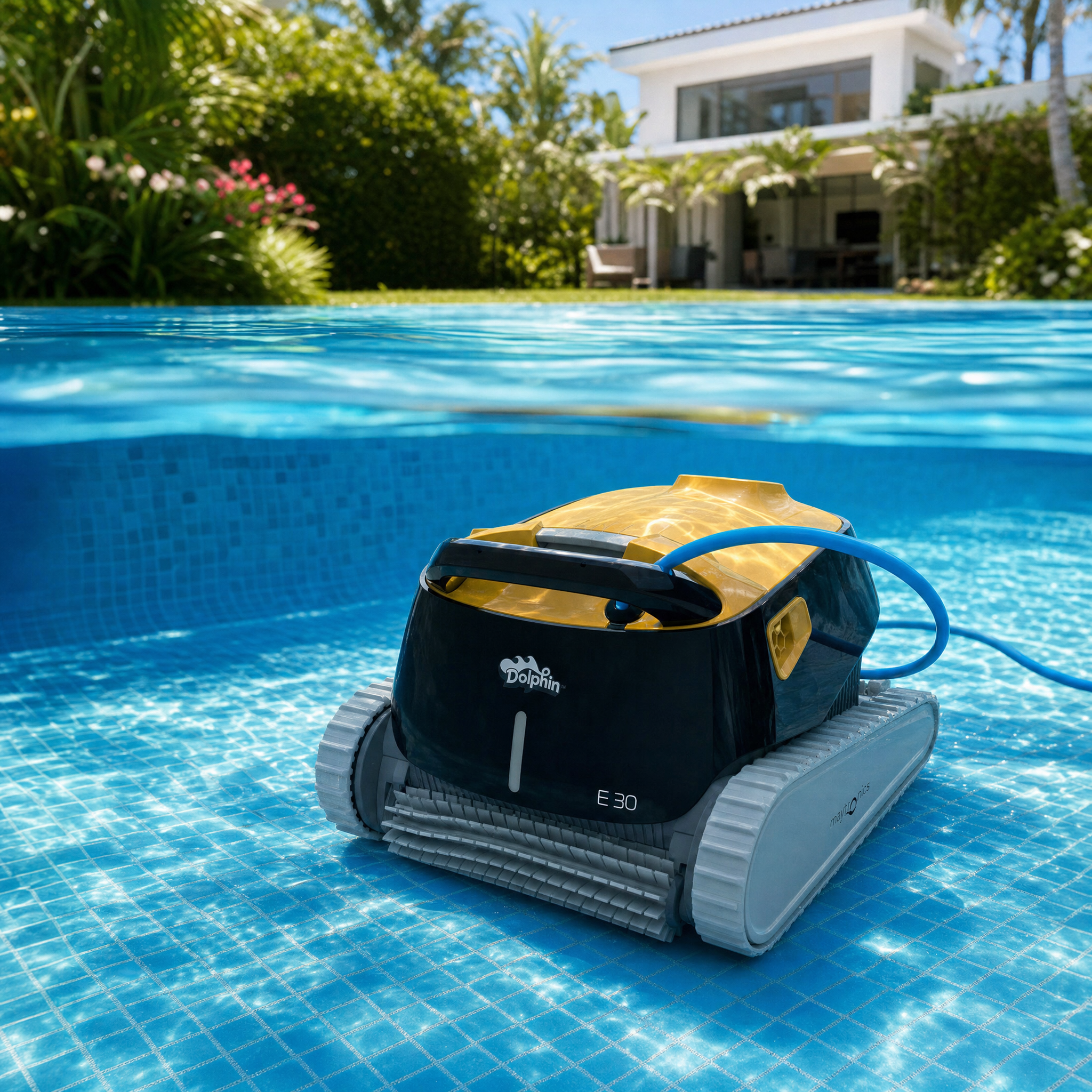 Robot de piscine dans une piscine de jardin — vue sous l'eau